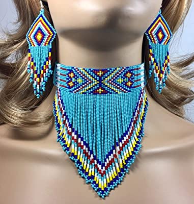 Turquoise Blue Beaded Choker Necklace Earrings Set WCS