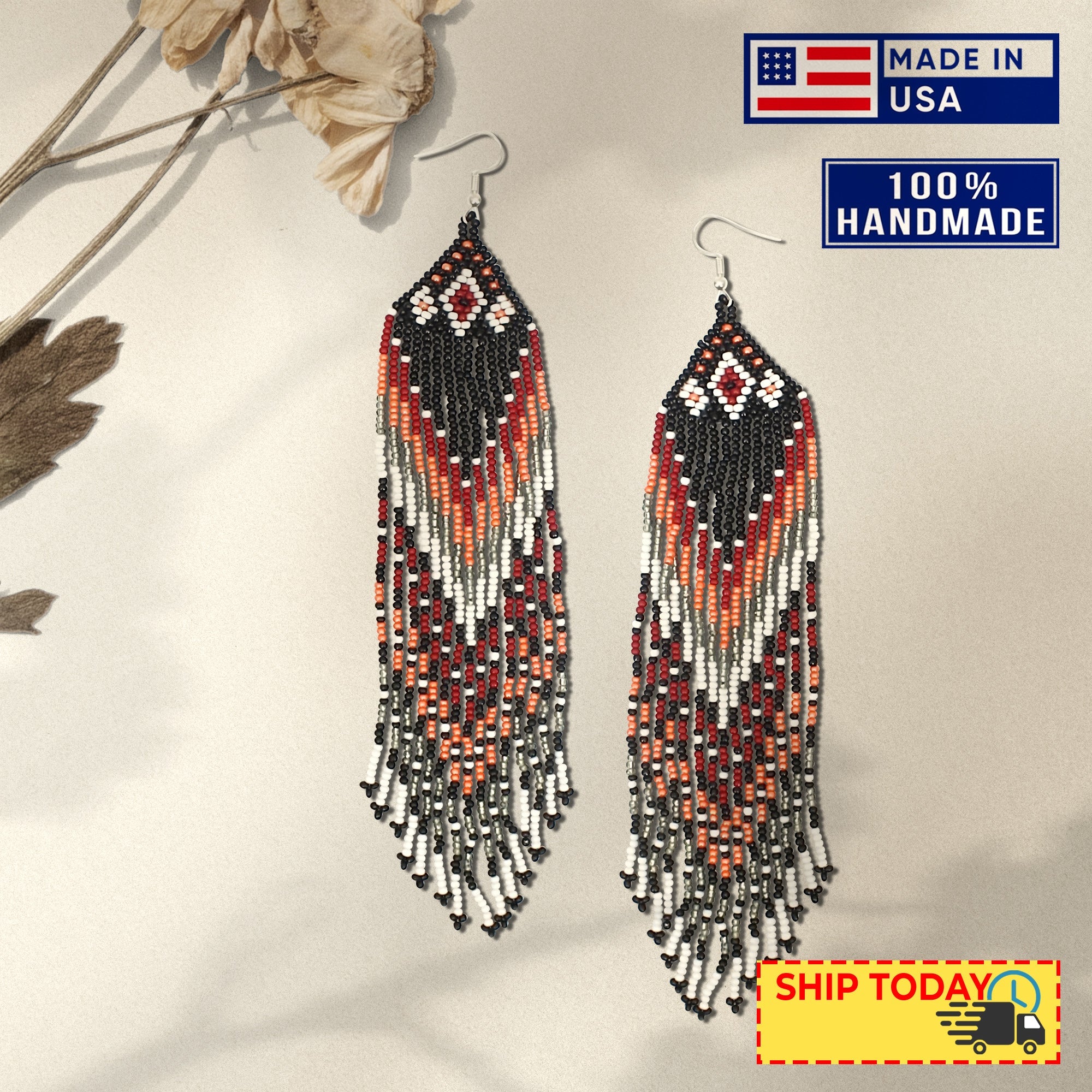 SALE 50% OFF - Black Red Peach Long Beaded Handmade Earrings For Women