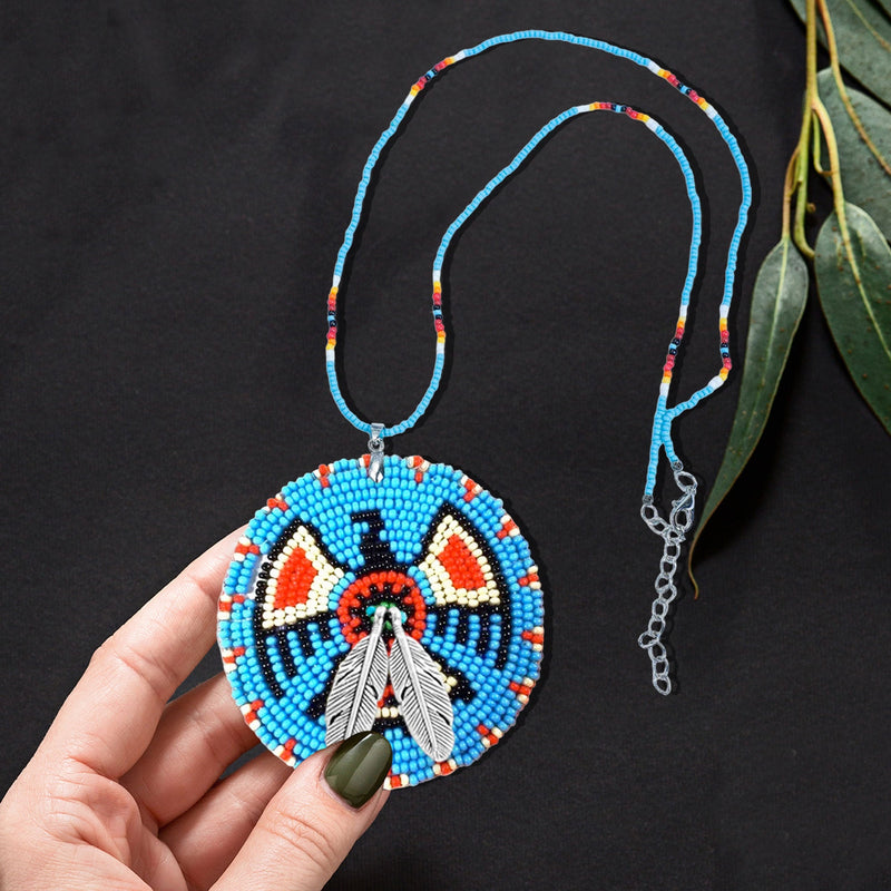 SALE 50% OFF - Blue Thunderbird Beaded Patch Necklace Pendant Unisex With Native American Style