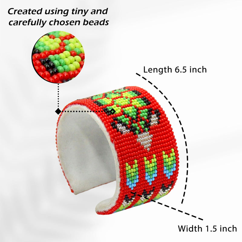SALE 50% OFF - Red Green Turtle Leather Hard Cuff Beaded Handmade Bracelet