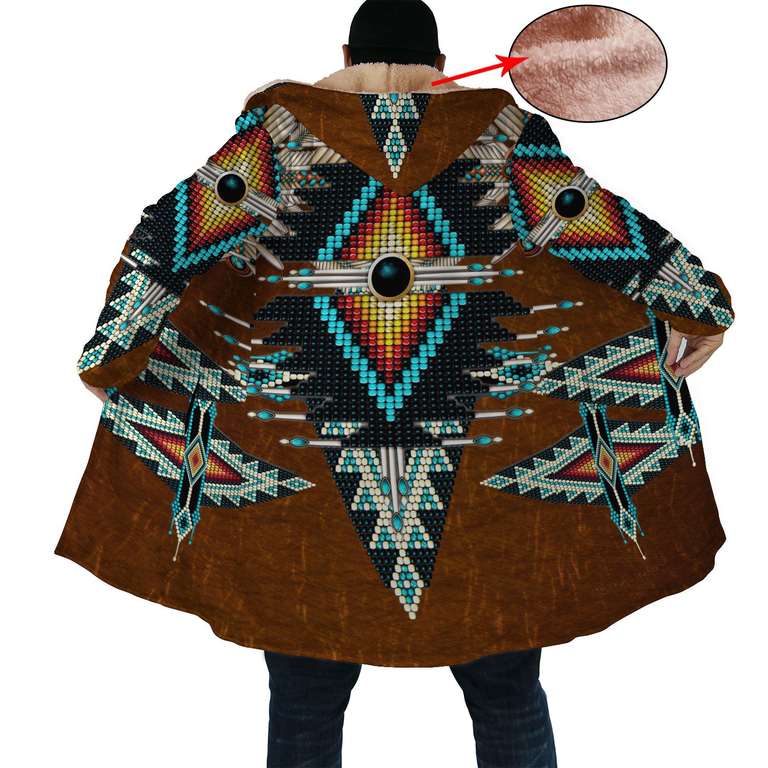 Native American Brown Pattern Horn Button Long Fleece Windbreaker WCS