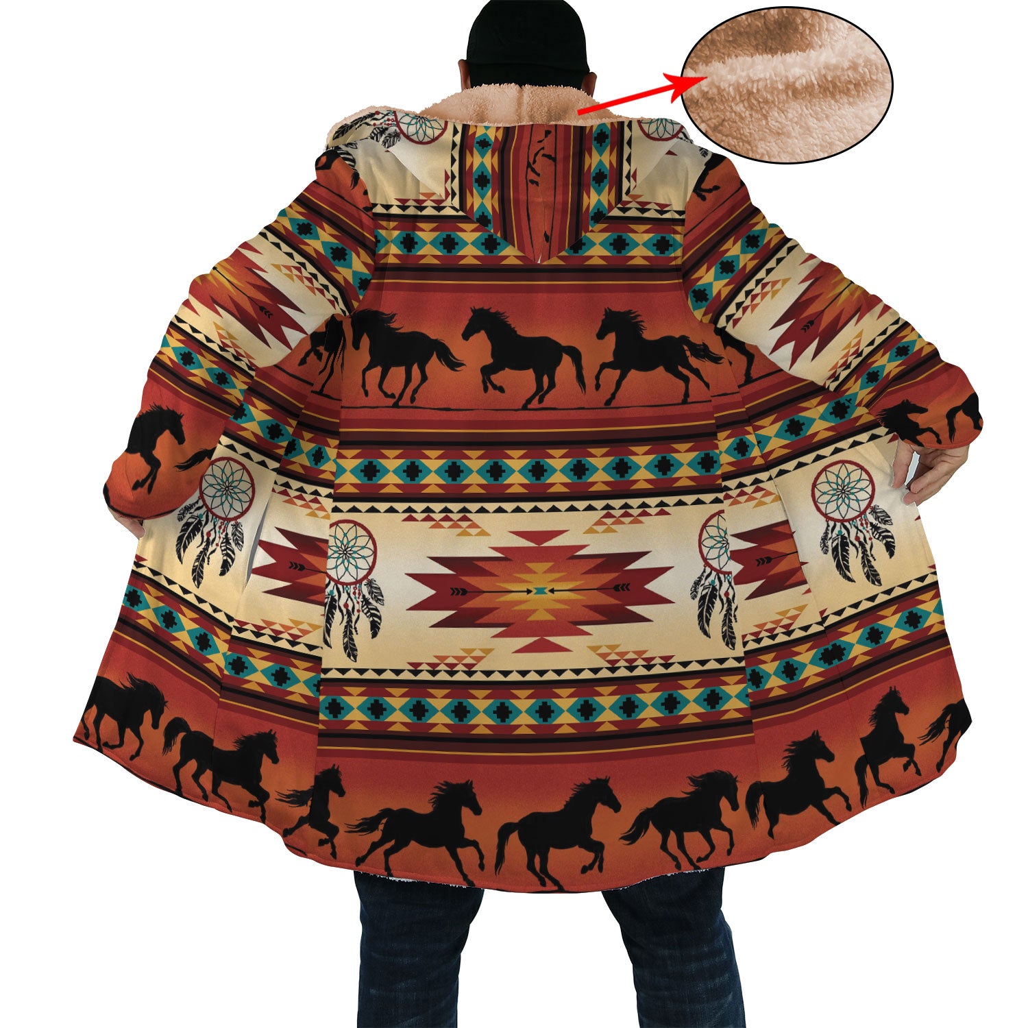 Native American Horses Pattern Horn Button Long Fleece Windbreaker WCS