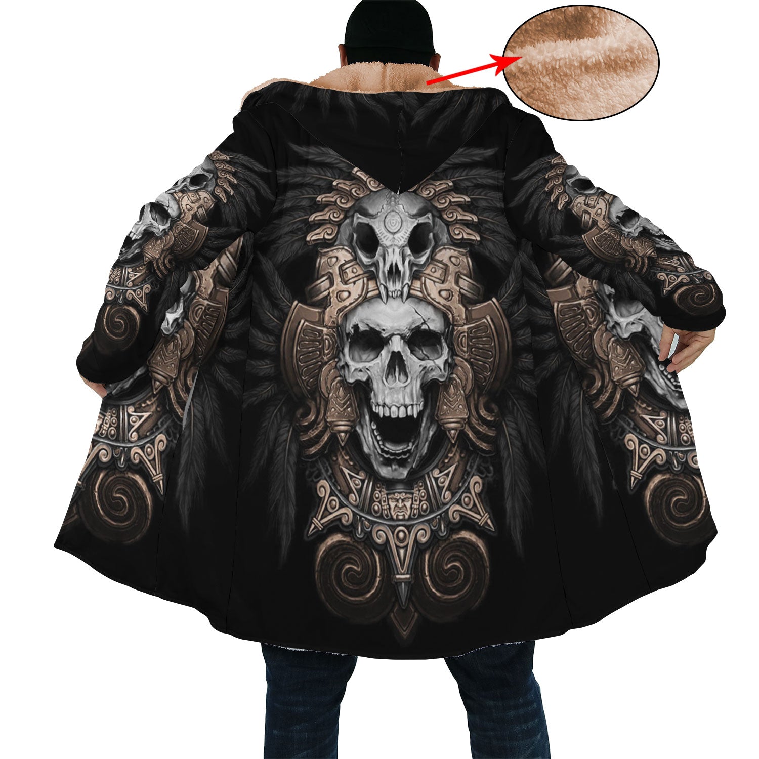 Skull & Black Feather Horn Button Long Fleece Windbreaker WCS