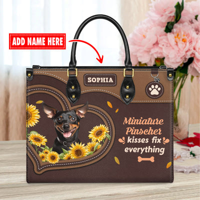 Miniature Pinscher Dog Kisses Fix Everything Leather Handbag V020