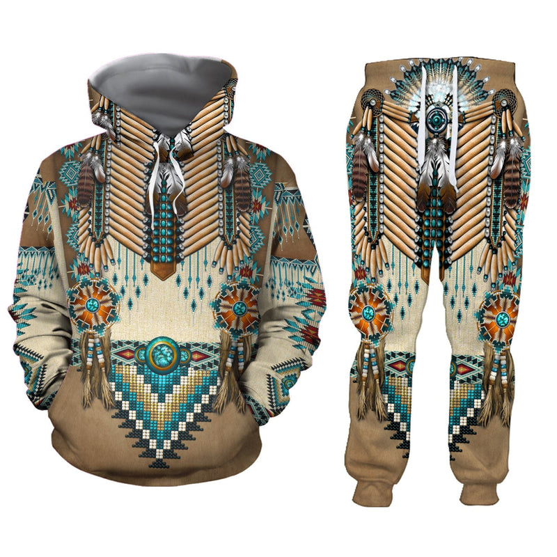 Turiquoise Native Indian Pattern Feather Hoodie & Sweatpants Set WCS