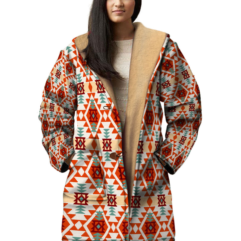 Indigenous Pattern Horn Button Long Fleece Windbreaker For Women WCS