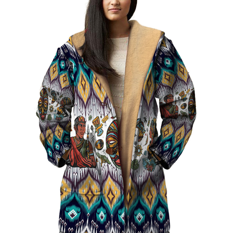 Native American Face Human Horn Button Long Fleece Windbreaker WCS