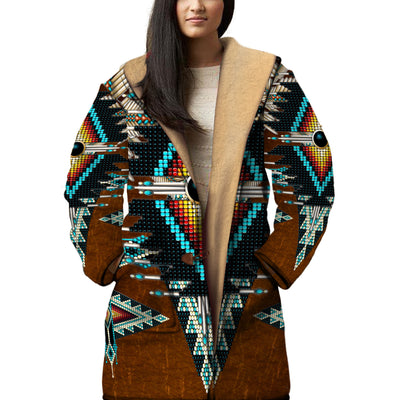 Native American Brown Pattern Horn Button Long Fleece Windbreaker WCS