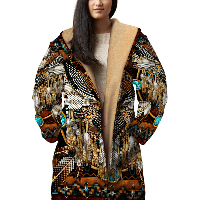Native American Owl Pattern Horn Button Long Fleece Windbreaker WCS