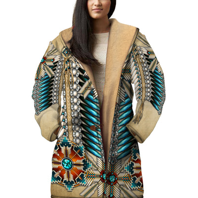 Native American Pattern Horn Button Long Fleece Windbreaker WCS