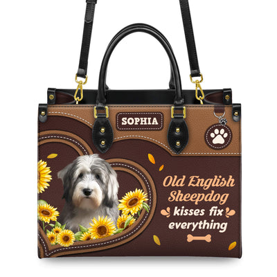 Old English Sheep Dog Kisses Fix Everything Leather Handbag V020
