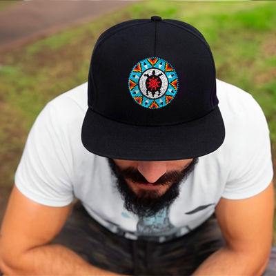 Blue Turtle Feather Pattern Handmade Beaded Snapback With Patch Cotton Cap Unisex Native American Style