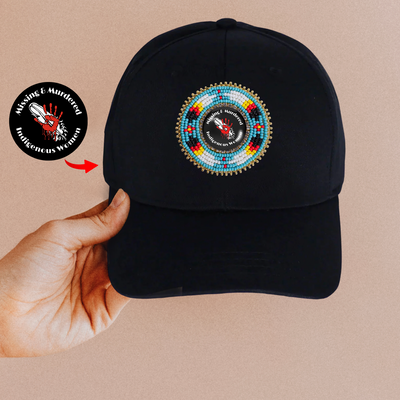Feathers Red Hand Baseball Cap With Beaded Patch Cotton Unisex Native American Style