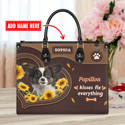 Papillon Dog Kisses Fix Everything Leather Handbag V020