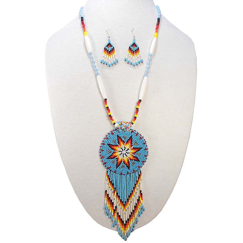 Turquoise Blue Seed Bead Long Star Medallion Beaded Necklace WCS