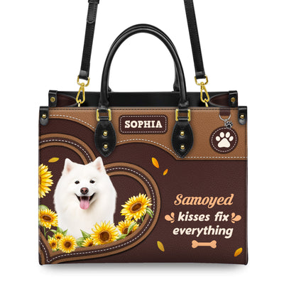 Samoyed Dog Kisses Fix Everything Leather Handbag V020