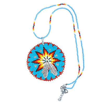 Blue Star Fire Pattern Beaded Patch Necklace Pendant Unisex With Native American Style