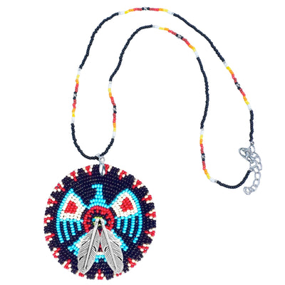 Dark Blue Thunderbird Beaded Patch Necklace Pendant Unisex With Native American Style