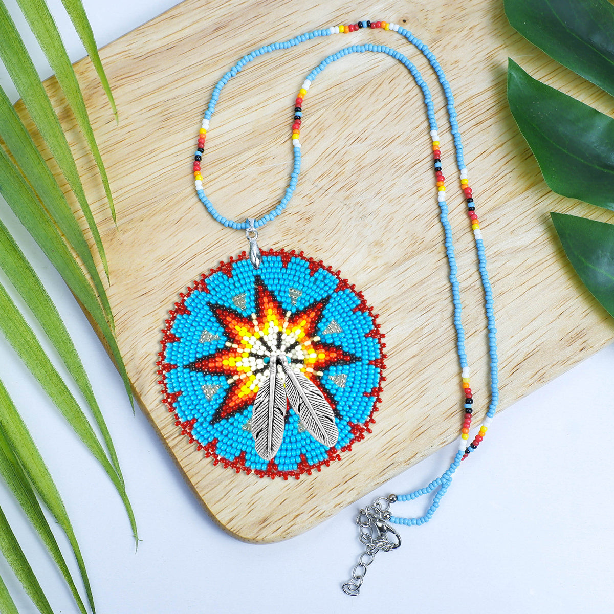 SALE 50% OFF - Blue Star Fire Pattern Beaded Patch Necklace Pendant Unisex With Native American Style