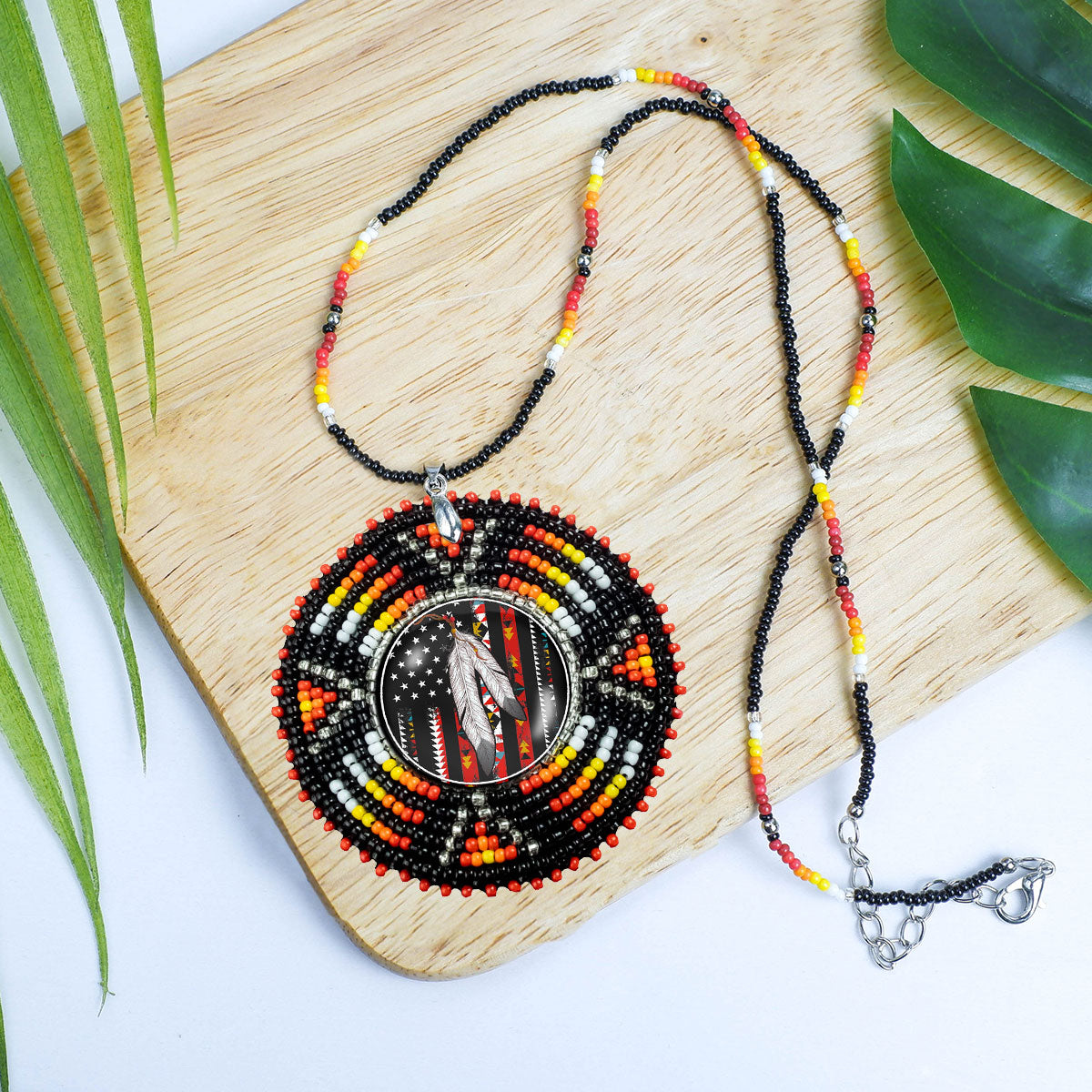 SALE 50% OFF - Native Flag Sunburst Handmade Beaded Wire Necklace Pendant Unisex With Native American Style