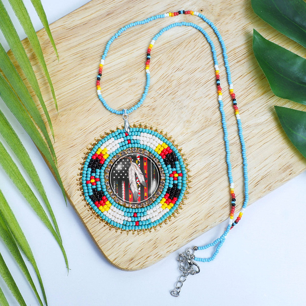 SALE 50% OFF - Native Flag Feathers Handmade Beaded Wire Necklace Pendant Unisex With Native American Style
