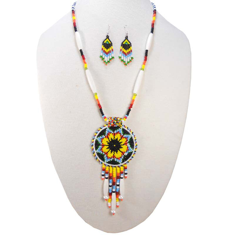 Black Yellow Seed Bead Long Star Medallion Handmade Necklace Earrings Set WCS