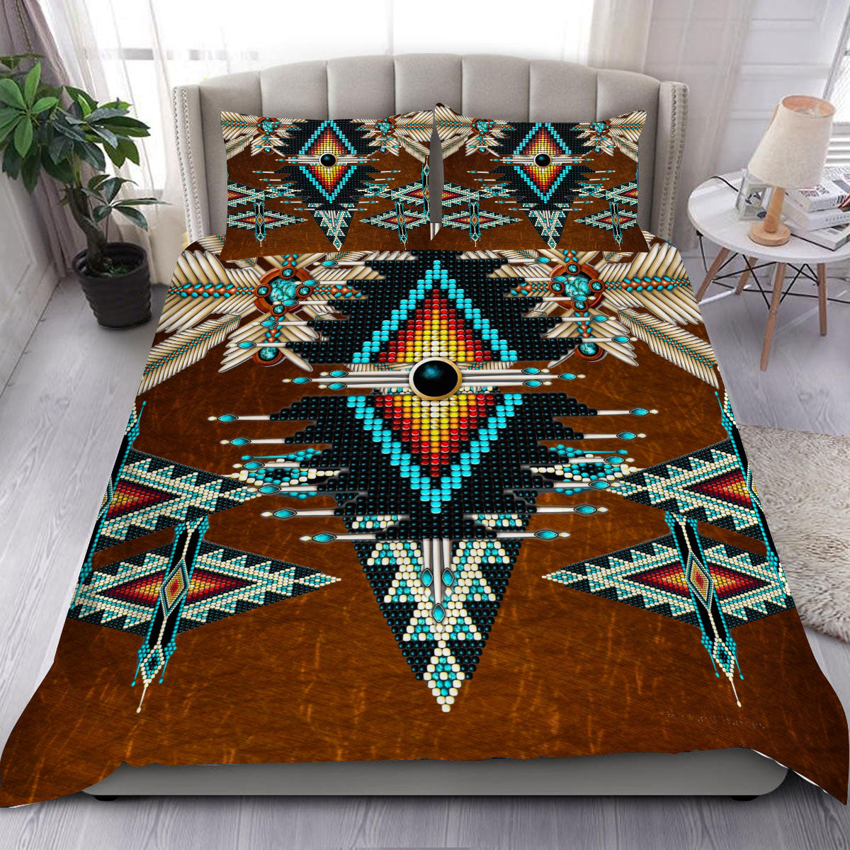 Turiquoise Native Indian Pattern Feather Native Pattern Brown Bedding Set WCS
