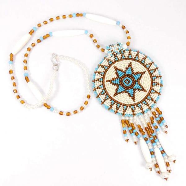 White Turquoise Seed Bead Long Star Medallion Necklace Earrings Set WCS