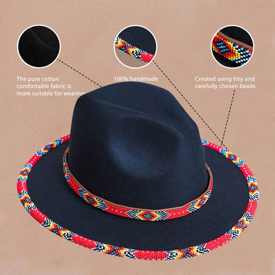Red Petals Pattern Fedora Hatband for Men Women Beaded Brim with Native American Style