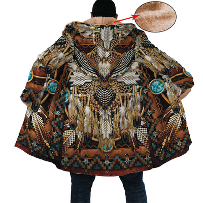 Native American Owl Pattern Horn Button Long Fleece Windbreaker WCS