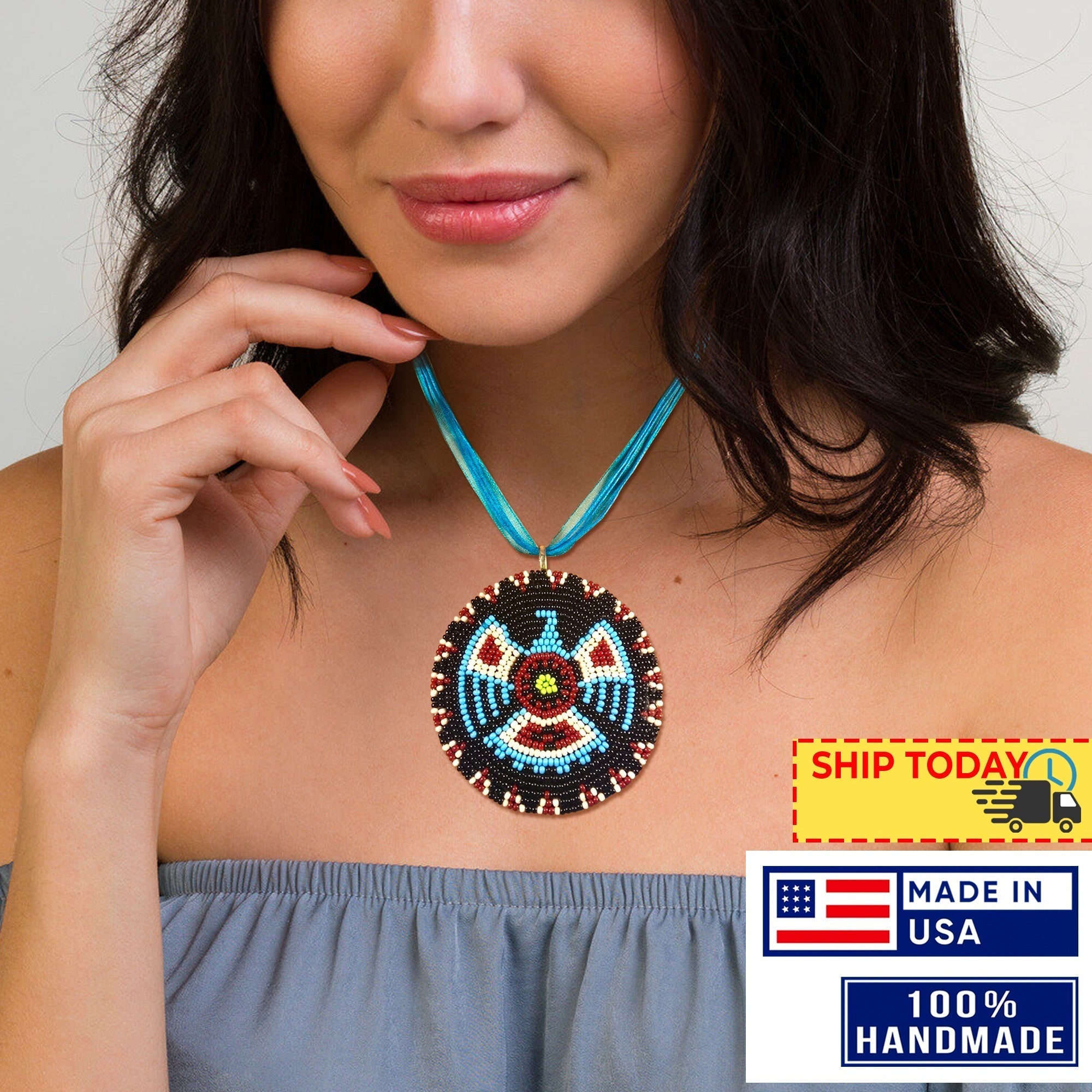 SALE 50% OFF - Handmade Beaded Eagle Turquoise Blue Black Organza Cord Necklace Unisex With Native American Style