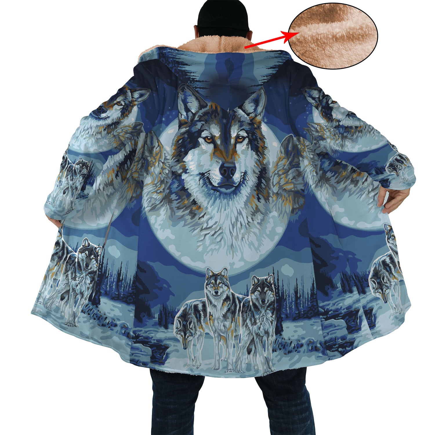 Native American Wolfs Snow Horn Button Long Fleece Windbreaker WCS