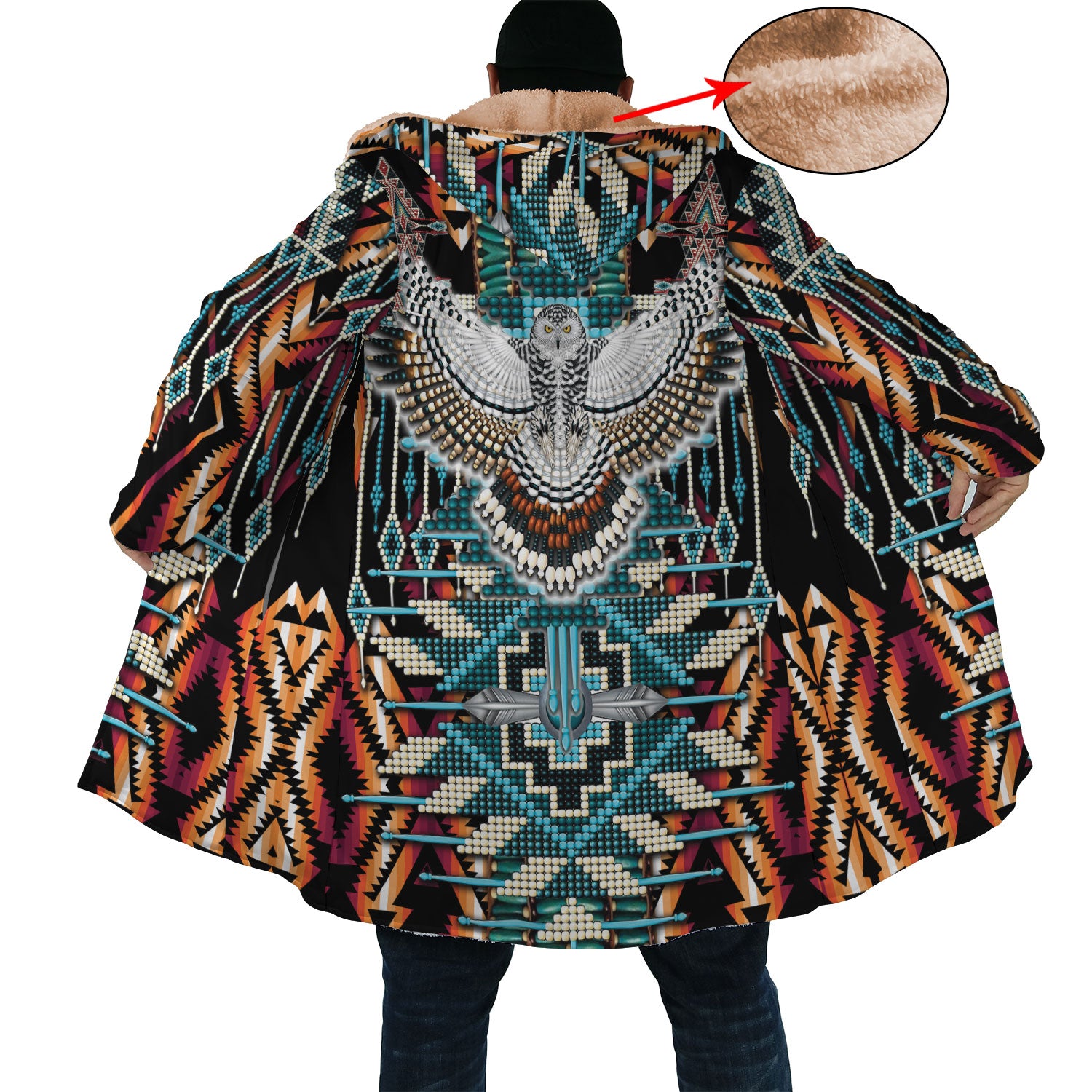 Native American Owl Pattern Horn Button Long Fleece Windbreaker WCS