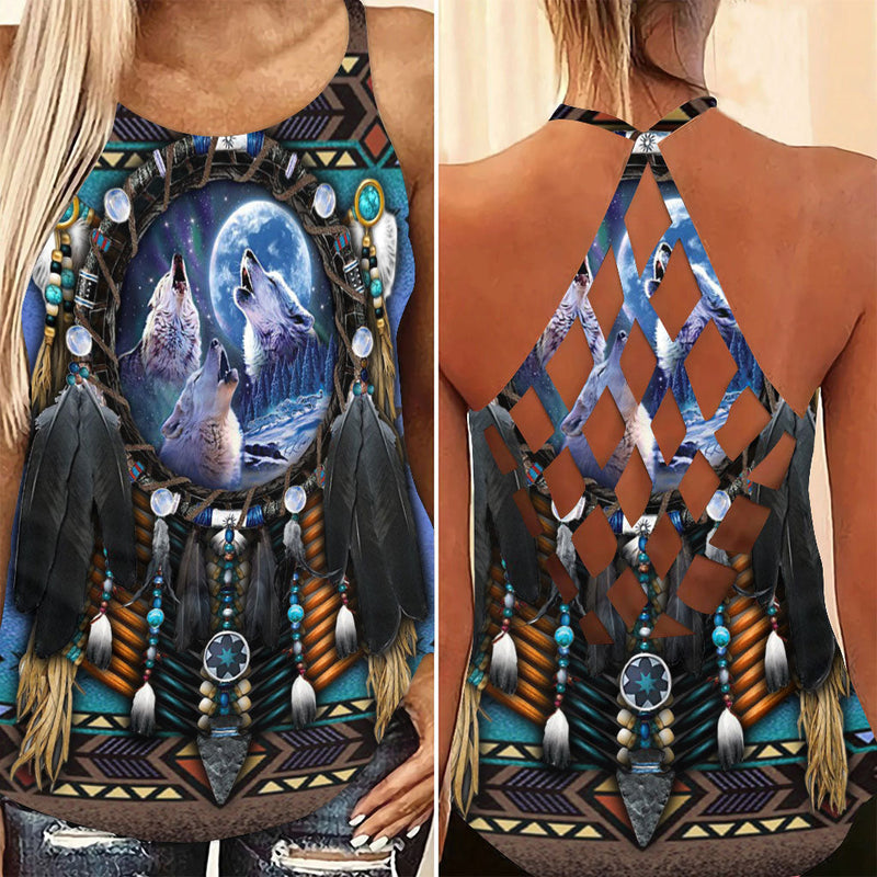 Native American Wolf And Peace Limited EditionCriss Cross Tank Top WCS