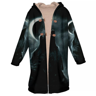 Howling Wolf Horn Button Long Fleece Windbreaker WCS