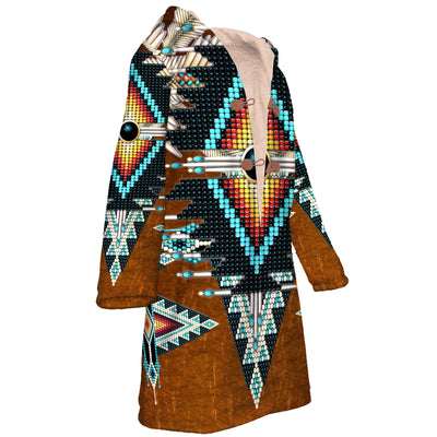 Native American Brown Pattern Horn Button Long Fleece Windbreaker WCS