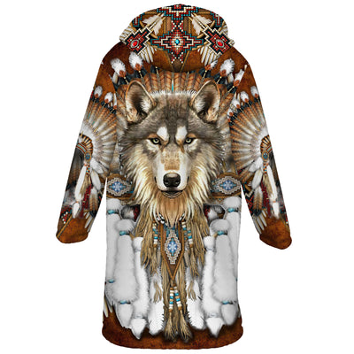 Native American Wolf Dreamcatcher Pattern Horn Button Long Fleece Windbreaker WCS