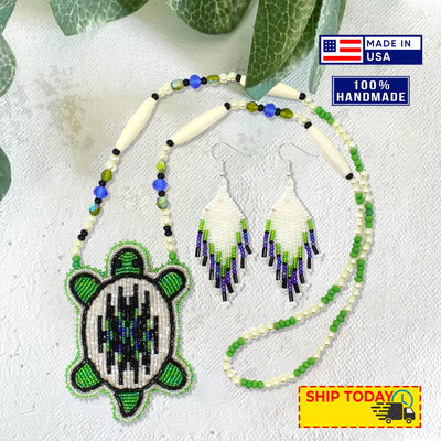 New Handmade Blue Green White Turtle Long Necklace Earring Set WCS