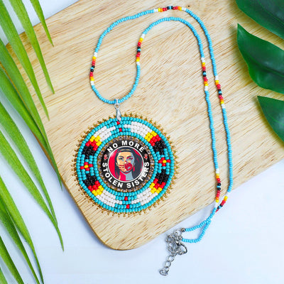 No More Stolen Sister Feathers  Handmade Glass Beaded Patch Necklace Pendant