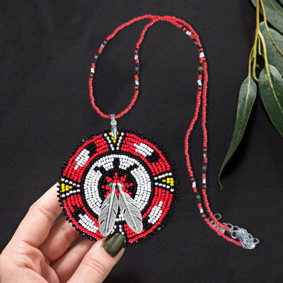 Red Turtle Beaded Patch Necklace Pendant